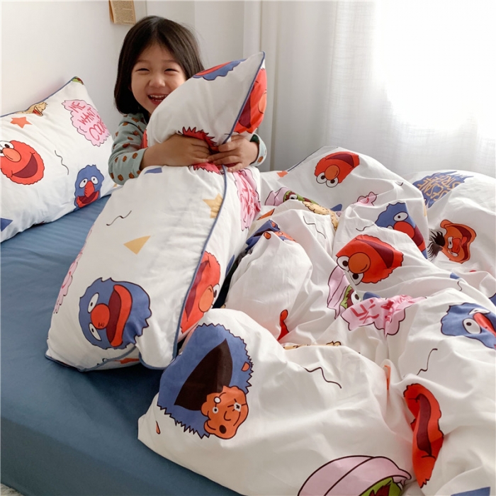 91家纺网 家纺一手货源 找家纺 时年 2021春夏新款嵌绳款全棉四件套 芝麻宝贝蓝卡通儿童