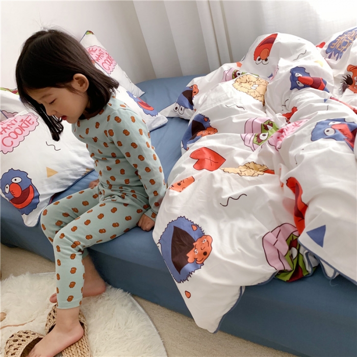 91家纺网 家纺一手货源 找家纺 时年 2021春夏新款嵌绳款全棉四件套 芝麻宝贝蓝卡通儿童