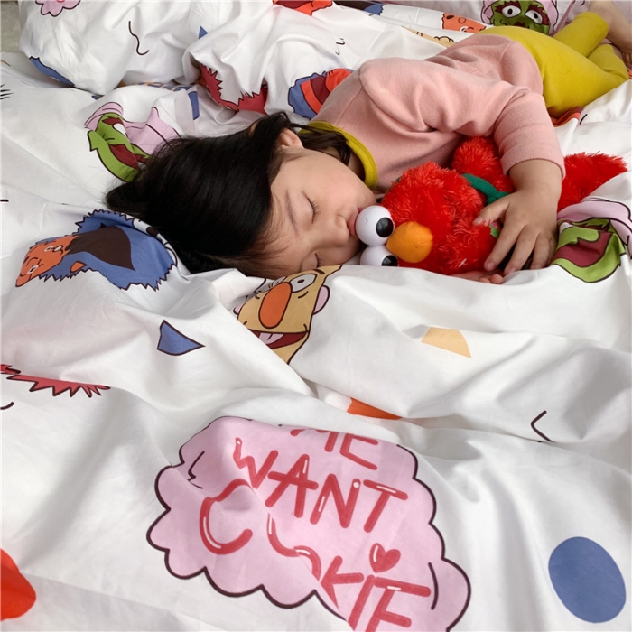 91家纺网 家纺一手货源 找家纺 时年 2021春夏新款嵌绳款全棉四件套 芝麻宝贝粉卡通儿童