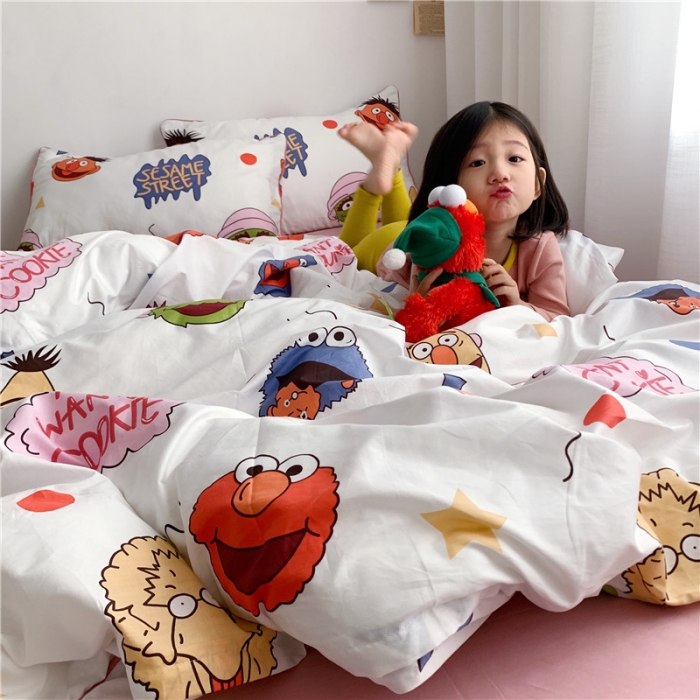 91家纺网 家纺一手货源 找家纺 时年 2021春夏新款嵌绳款全棉四件套 芝麻宝贝粉卡通儿童