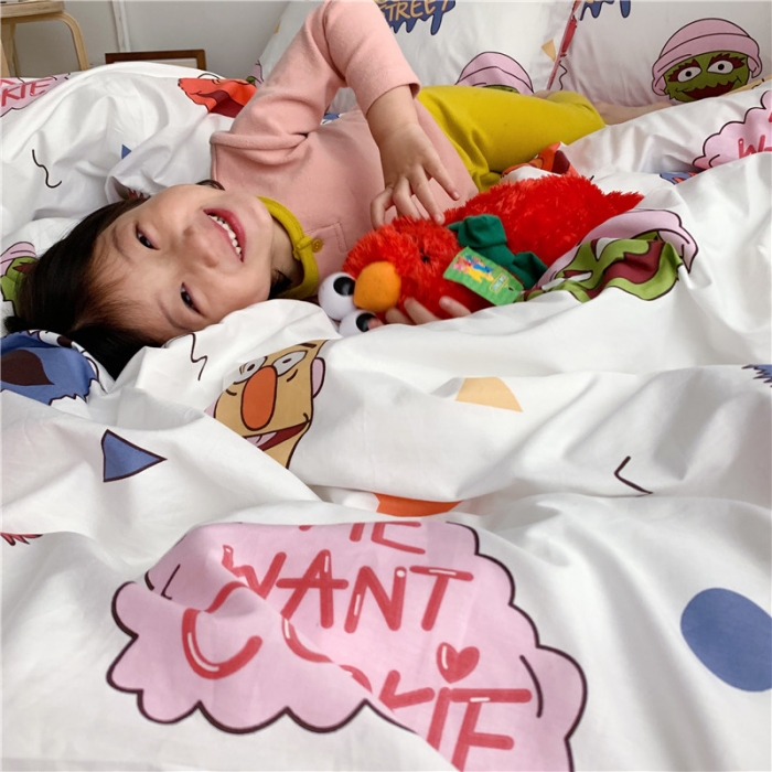 91家纺网 家纺一手货源 找家纺 时年 2021春夏新款嵌绳款全棉四件套 芝麻宝贝粉卡通儿童