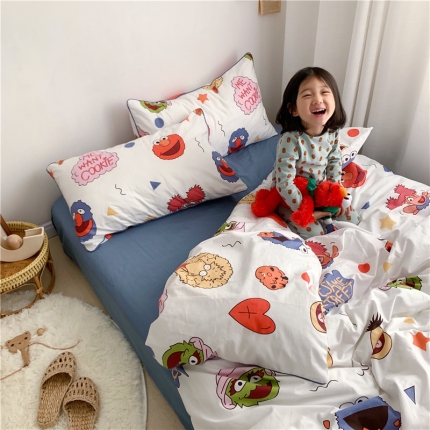 91家纺网 家纺一手货源 找家纺 时年 2021春夏新款嵌绳款全棉四件套 芝麻宝贝蓝卡通儿童