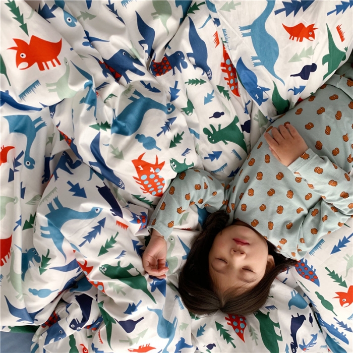 91家纺网 家纺一手货源 找家纺 时年 2021春夏新款嵌绳款全棉四件套 小小恐龙卡通儿童