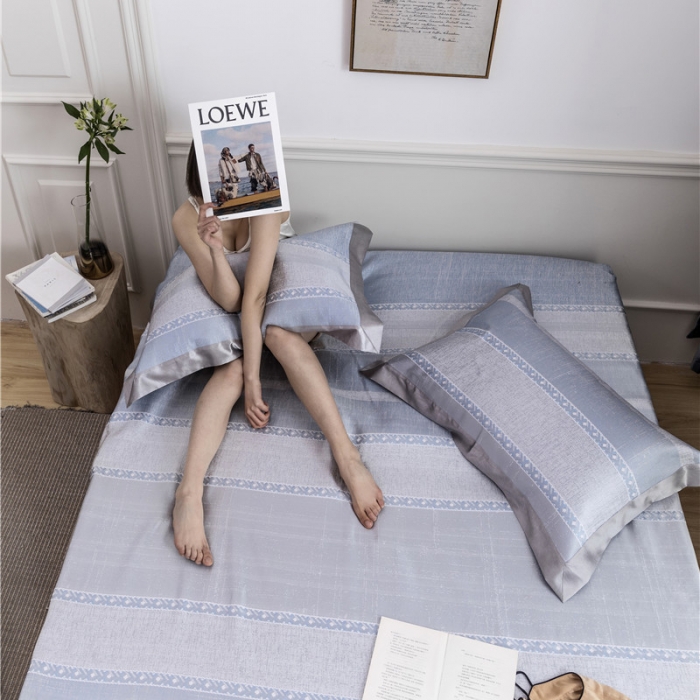 91家纺网 家纺一手货源 找家纺 时年家纺 2019新款凉席冰丝席冰露丝床笠款 马赛条纹-蓝