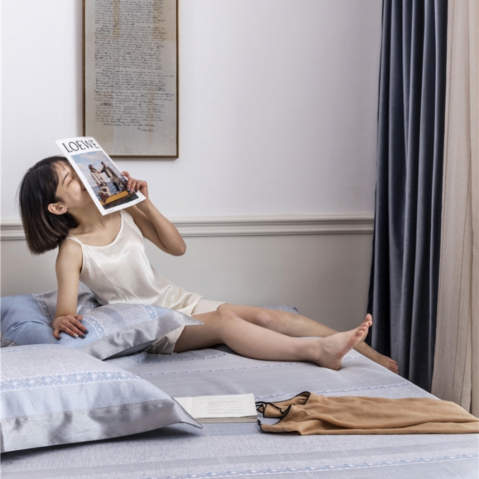 91家纺网 家纺一手货源 找家纺 时年家纺 2019新款凉席冰丝席冰露丝床笠款 马赛条纹-蓝