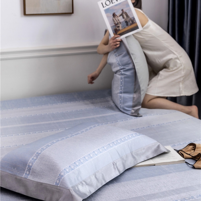 91家纺网 家纺一手货源 找家纺 时年家纺 2019新款凉席冰丝席冰露丝床笠款 马赛条纹-蓝