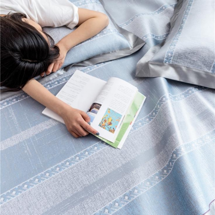 91家纺网 家纺一手货源 找家纺 时年家纺 2019新款凉席冰丝席冰露丝提花款 马赛条纹-蓝