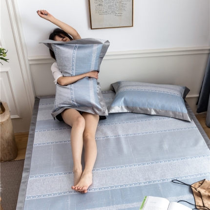 时年家纺 2019新款凉席冰丝席冰露丝提花款 马赛条纹-蓝