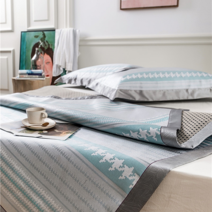 91家纺网 家纺一手货源 找家纺 时年家纺 2019新款凉席冰丝席冰露丝提花款 千鸟格-蓝