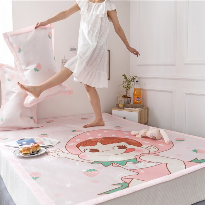 91家纺网 家纺一手货源 找家纺 时年家纺 2019新款凉席冰丝席水洗养生席 草莓女孩