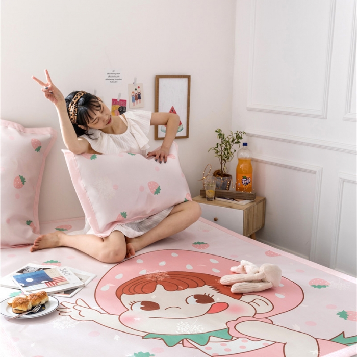 91家纺网 家纺一手货源 找家纺 时年家纺 2019新款凉席冰丝席水洗养生席 草莓女孩