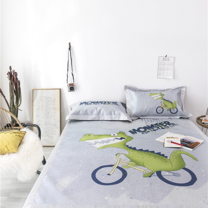 91家纺网 家纺一手货源 找家纺 时年家纺 2019新款凉席冰丝席冰露丝印花款 单车恐龙