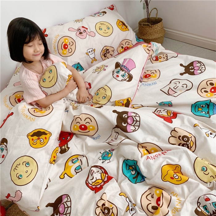 91家纺网 家纺一手货源 找家纺 时年 2021春夏新款嵌绳款全棉四件套 面包超人粉卡通儿童