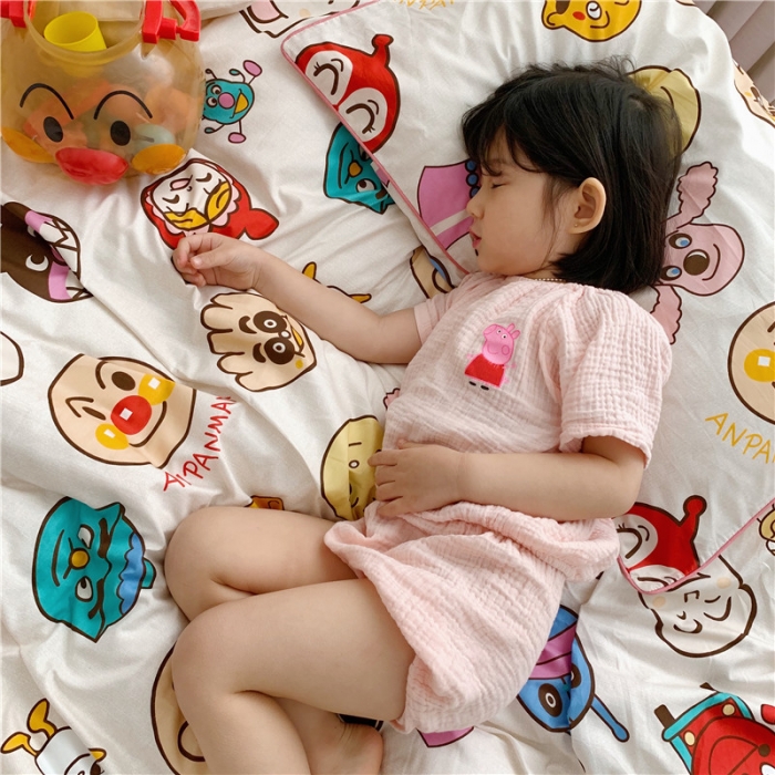 91家纺网 家纺一手货源 找家纺 时年 2021春夏新款嵌绳款全棉四件套 面包超人粉卡通儿童