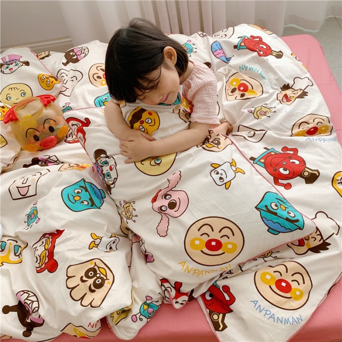 91家纺网 家纺一手货源 找家纺 时年 2021春夏新款嵌绳款全棉四件套 面包超人粉卡通儿童