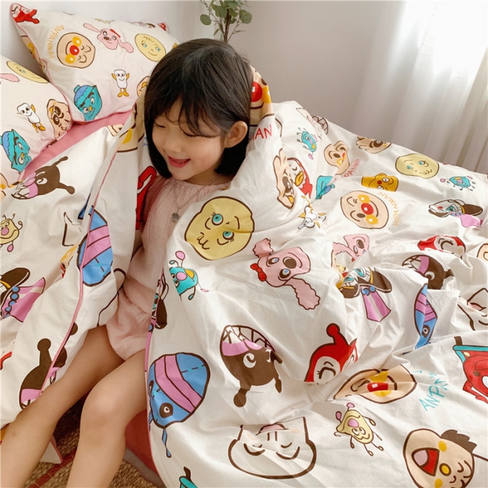 91家纺网 家纺一手货源 找家纺 时年 2021春夏新款嵌绳款全棉四件套 面包超人粉卡通儿童