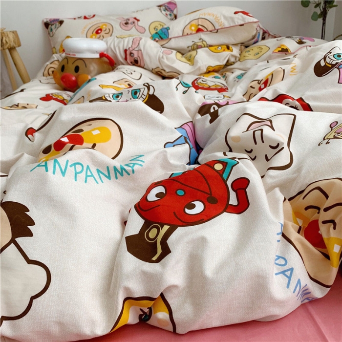 91家纺网 家纺一手货源 找家纺 时年 2021春夏新款嵌绳款全棉四件套 面包超人粉卡通儿童