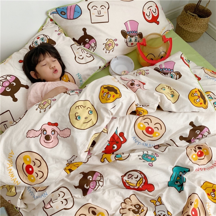 91家纺网 家纺一手货源 找家纺 时年2021春夏新款嵌绳款全棉四件套 面包超人绿卡通儿童