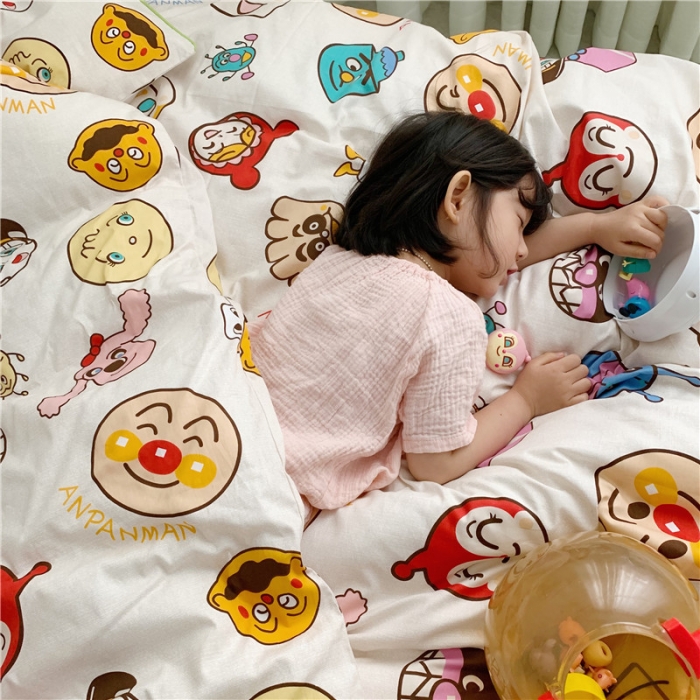 91家纺网 家纺一手货源 找家纺 时年2021春夏新款嵌绳款全棉四件套 面包超人绿卡通儿童