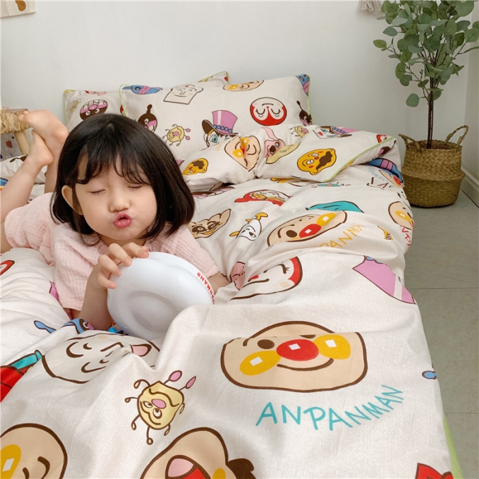 91家纺网 家纺一手货源 找家纺 时年2021春夏新款嵌绳款全棉四件套 面包超人绿卡通儿童