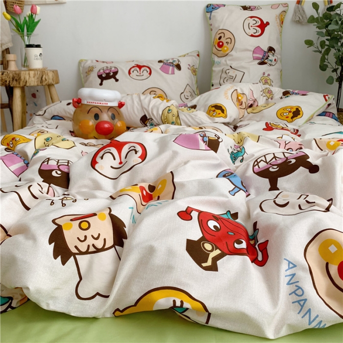 91家纺网 家纺一手货源 找家纺 时年2021春夏新款嵌绳款全棉四件套 面包超人绿卡通儿童