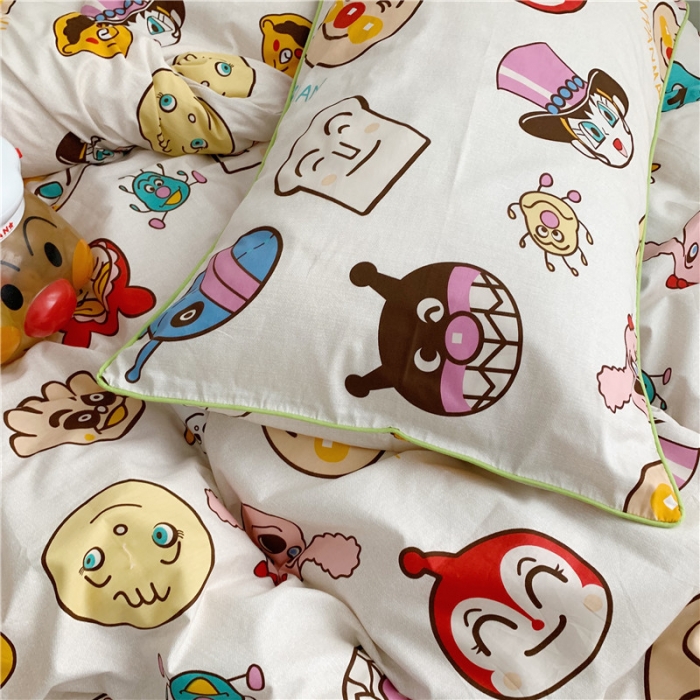 91家纺网 家纺一手货源 找家纺 时年2021春夏新款嵌绳款全棉四件套 面包超人绿卡通儿童