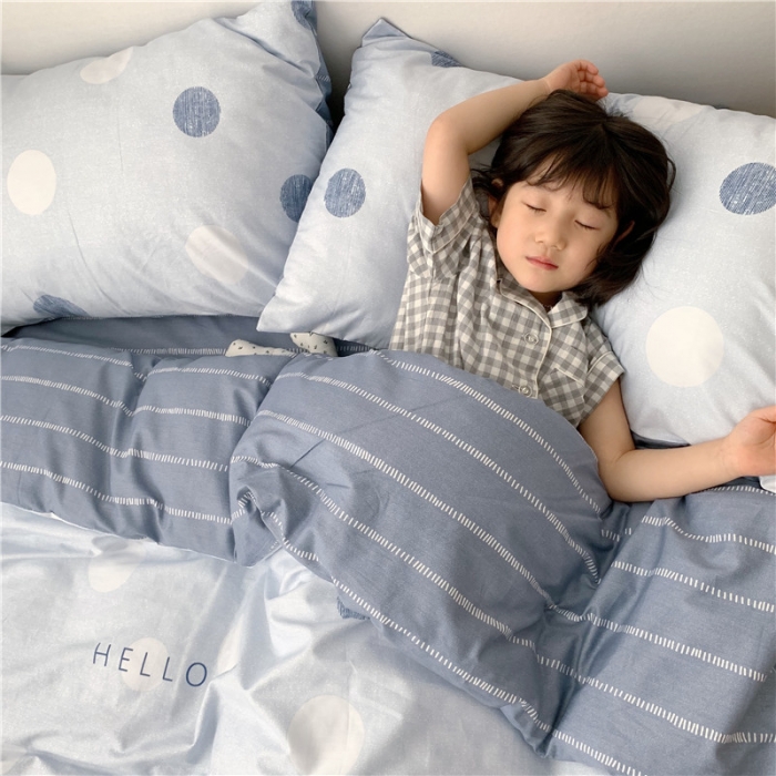 91家纺网 家纺一手货源 找家纺 时年 2019全棉小可爱四件套 hello圆点蓝