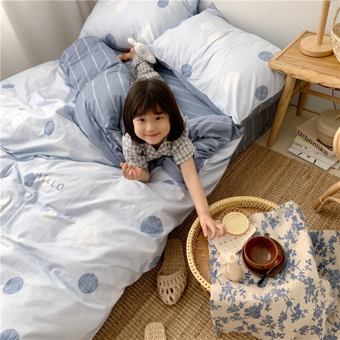 91家纺网 家纺一手货源 找家纺 时年 2019全棉小可爱四件套 hello圆点蓝