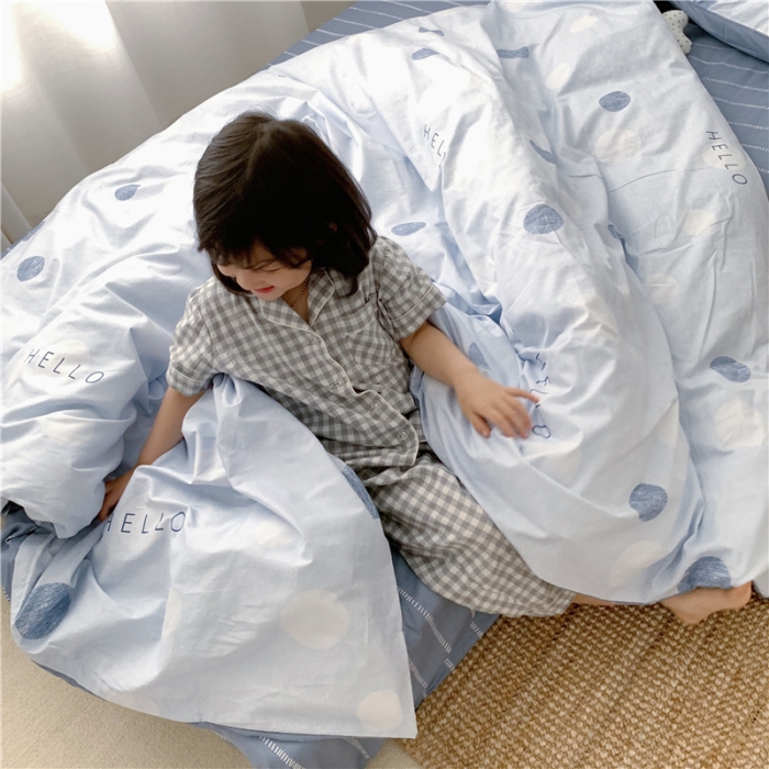 91家纺网 家纺一手货源 找家纺 时年 2019全棉小可爱四件套 hello圆点蓝