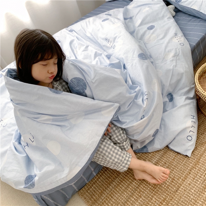 91家纺网 家纺一手货源 找家纺 时年 2019全棉小可爱四件套 hello圆点蓝