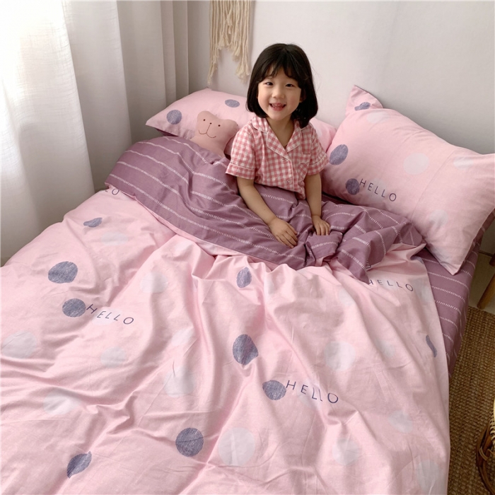 91家纺网 家纺一手货源 找家纺 时年 2019全棉小可爱四件套 hello圆点紫