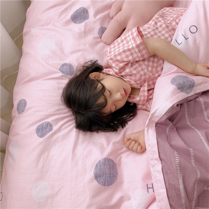 91家纺网 家纺一手货源 找家纺 时年 2019全棉小可爱四件套 hello圆点紫