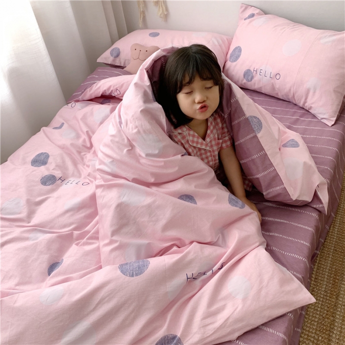 91家纺网 家纺一手货源 找家纺 时年 2019全棉小可爱四件套 hello圆点紫