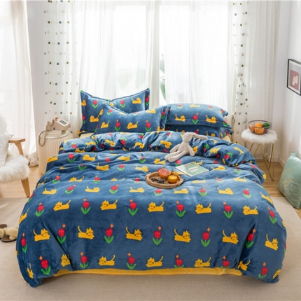 91家纺网 家纺一手货源 找家纺 时年 2019牛奶绒印花保暖四件套 猫咪君