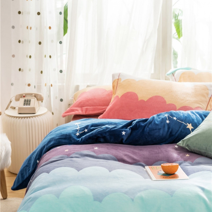 91家纺网 家纺一手货源 找家纺 时年 2019牛奶绒印花保暖四件套 彩虹星空