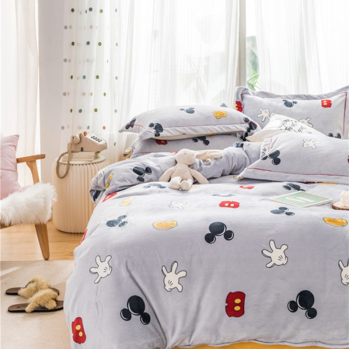 91家纺网 家纺一手货源 找家纺 时年 2019牛奶绒印花保暖四件套 米老鼠