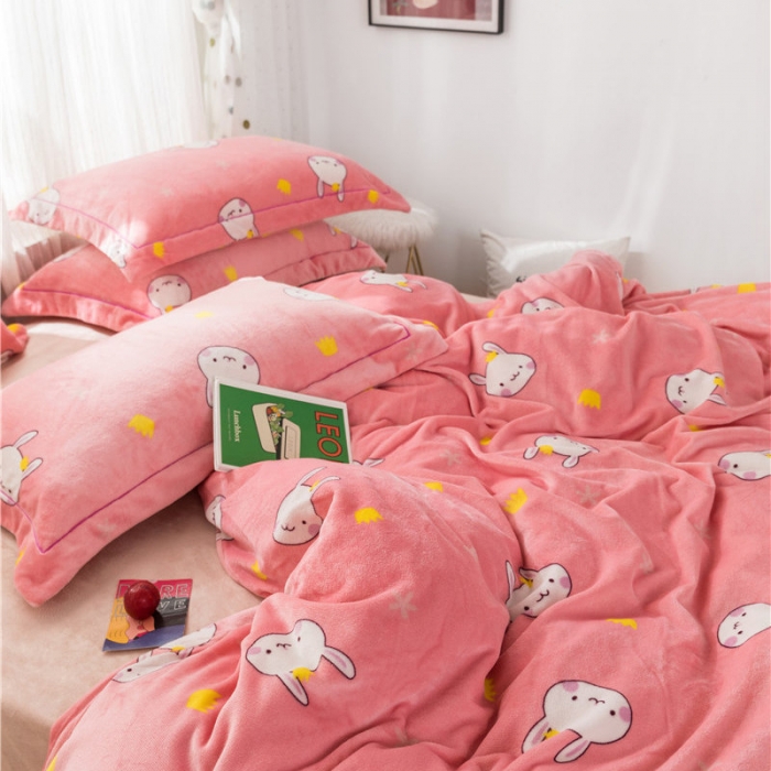 91家纺网 家纺一手货源 找家纺 时年 2019牛奶绒印花保暖四件套 小兔几