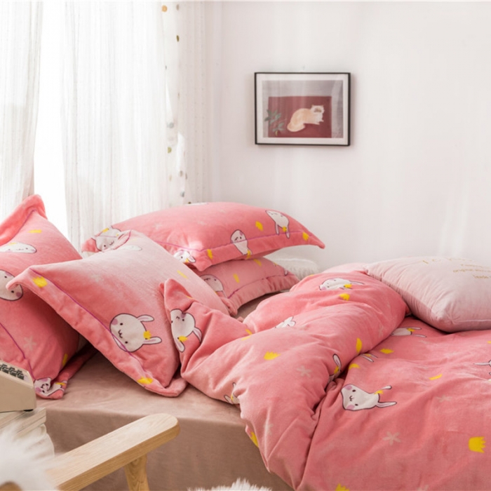 91家纺网 家纺一手货源 找家纺 时年 2019牛奶绒印花保暖四件套 小兔几