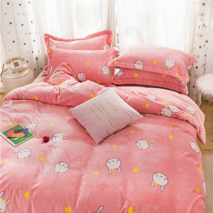 91家纺网 家纺一手货源 找家纺 时年 2019牛奶绒印花保暖四件套 小兔几