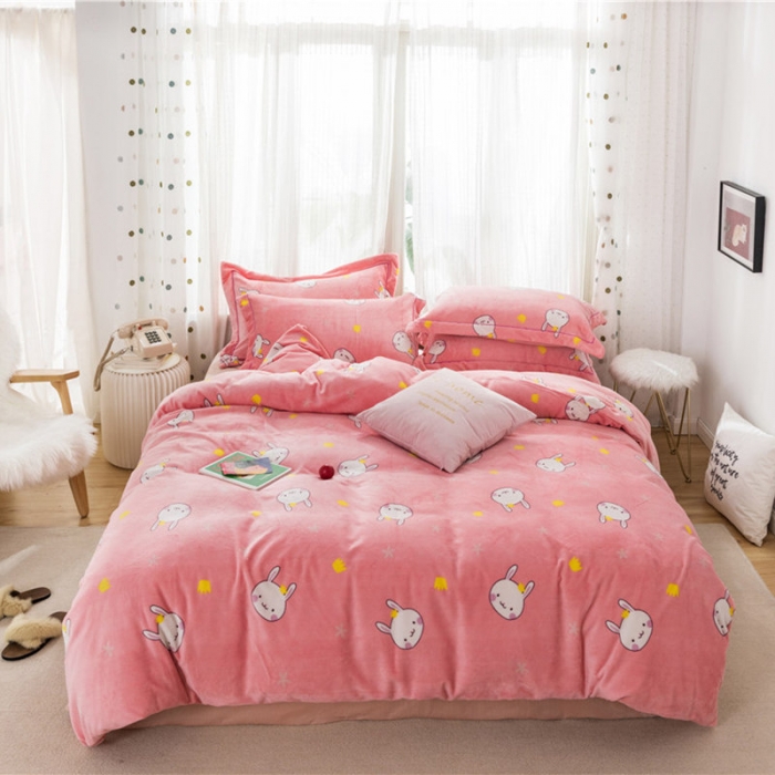 91家纺网 家纺一手货源 找家纺 时年 2019牛奶绒印花保暖四件套 小兔几