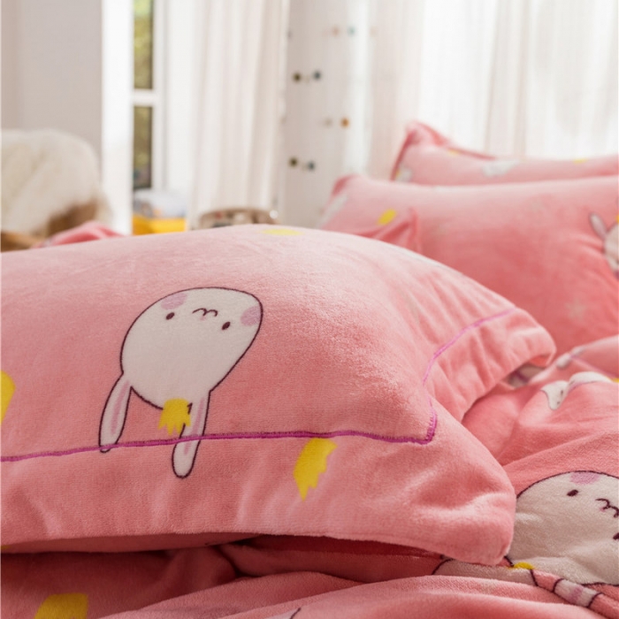 91家纺网 家纺一手货源 找家纺 时年 2019牛奶绒印花保暖四件套 小兔几