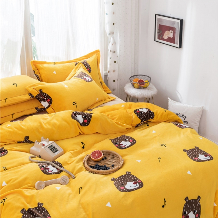 91家纺网 家纺一手货源 找家纺 时年 2019牛奶绒印花保暖四件套 音乐熊仔