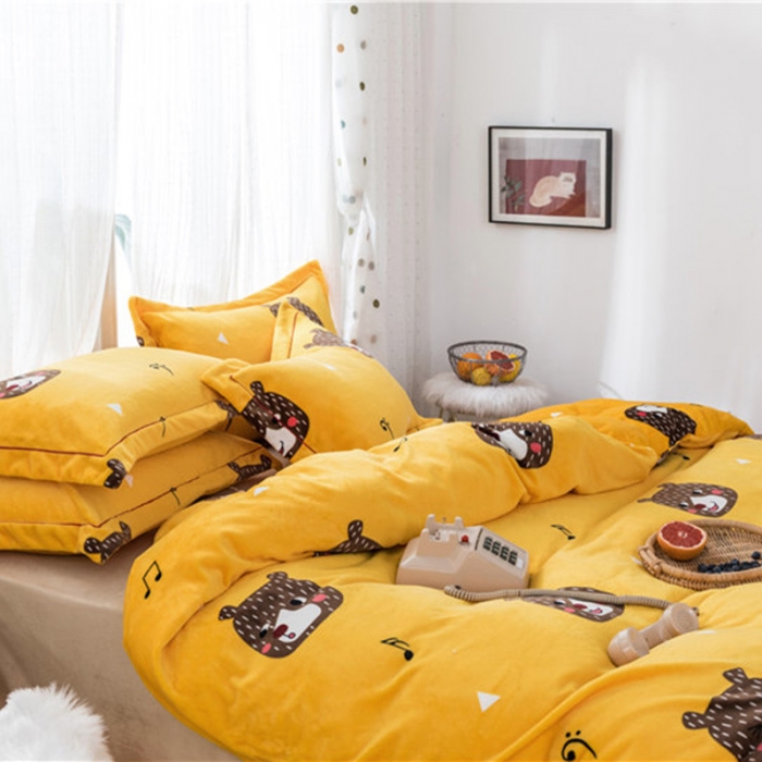 91家纺网 家纺一手货源 找家纺 时年 2019牛奶绒印花保暖四件套 音乐熊仔