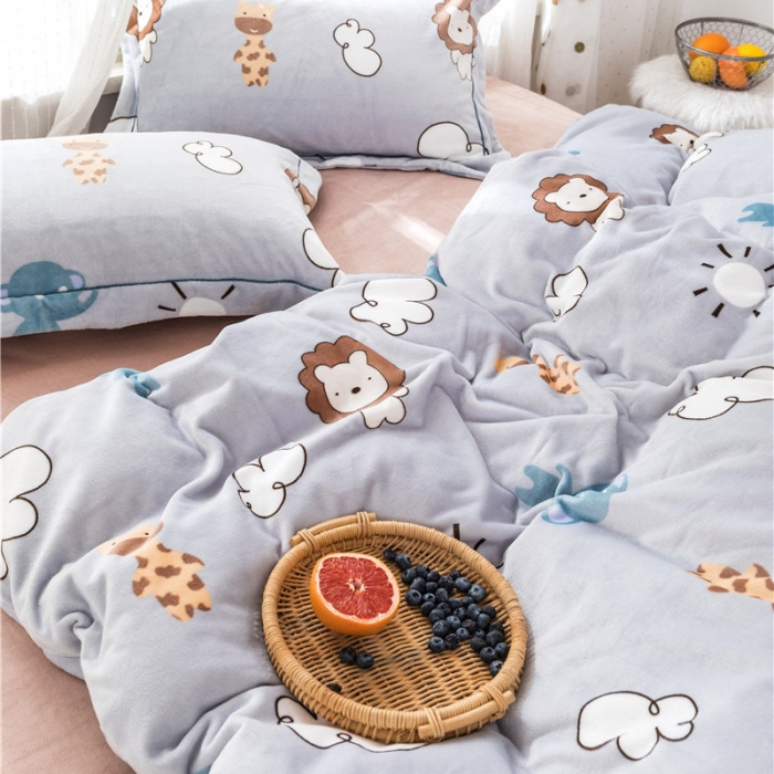 91家纺网 家纺一手货源 找家纺 时年 2019牛奶绒印花保暖四件套 动物伙伴