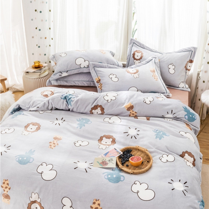 91家纺网 家纺一手货源 找家纺 时年 2019牛奶绒印花保暖四件套 动物伙伴