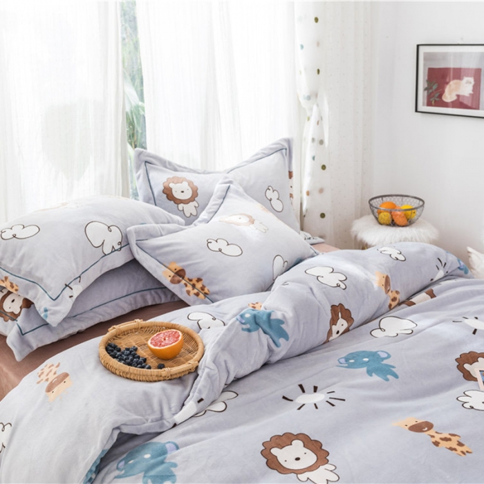 91家纺网 家纺一手货源 找家纺 时年 2019牛奶绒印花保暖四件套 动物伙伴