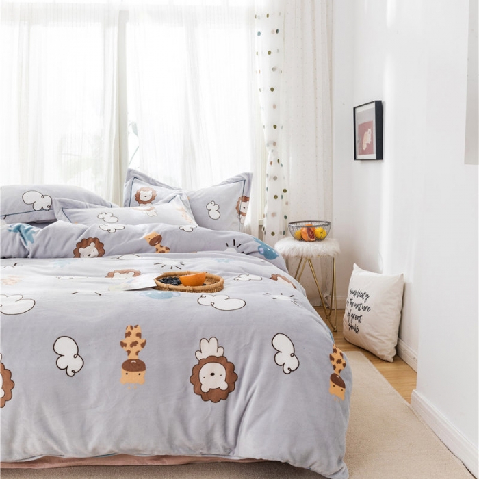 91家纺网 家纺一手货源 找家纺 时年 2019牛奶绒印花保暖四件套 动物伙伴