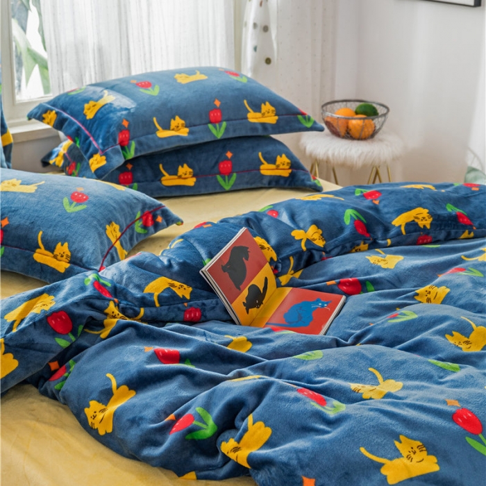 91家纺网 家纺一手货源 找家纺 时年 2019牛奶绒印花保暖四件套 猫咪君