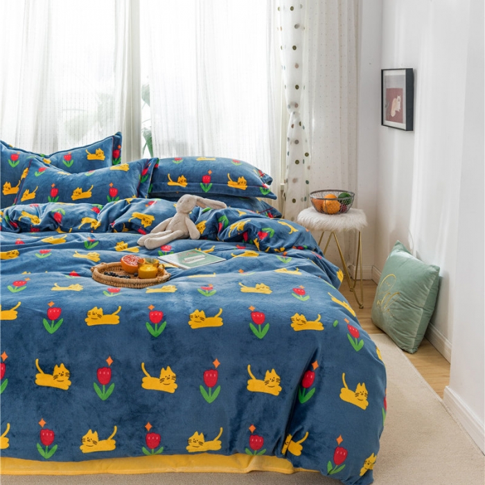 91家纺网 家纺一手货源 找家纺 时年 2019牛奶绒印花保暖四件套 猫咪君