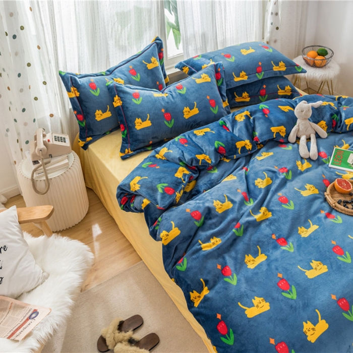 91家纺网 家纺一手货源 找家纺 时年 2019牛奶绒印花保暖四件套 猫咪君